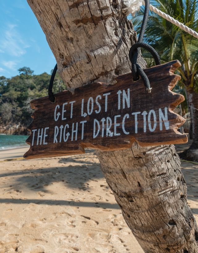 Beach with Sign on Palm Tree