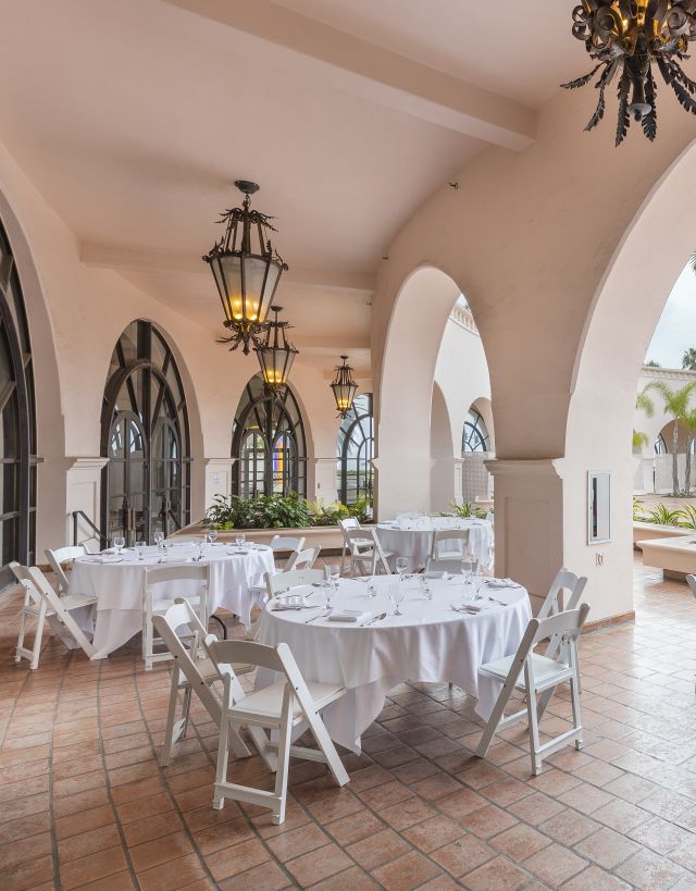 event seating on outdoor patio with round tables