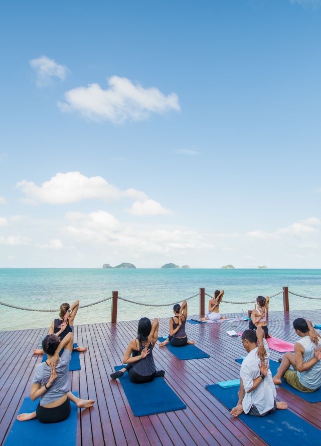 a Group of People Practicing Yoga Outdoors by the Beach