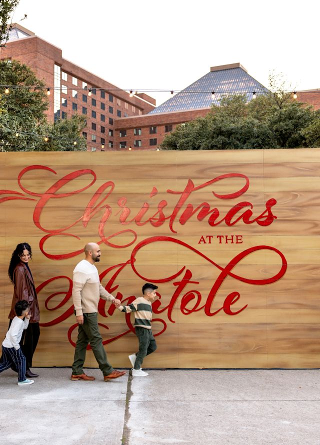 People Standing next to a Christmas at the Anatole Sign