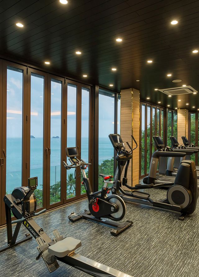 Treadmills and Recumbent Bikes at a Fitness Center with View of the Beach