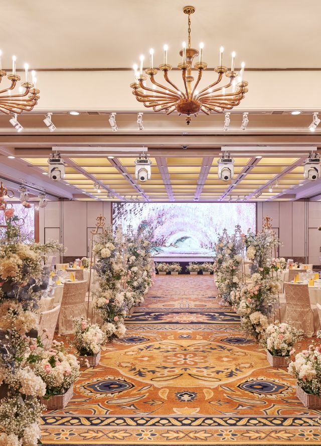 Royal Pavilion Ballroom setup for a wedding reception with a Garden of Bliss theme