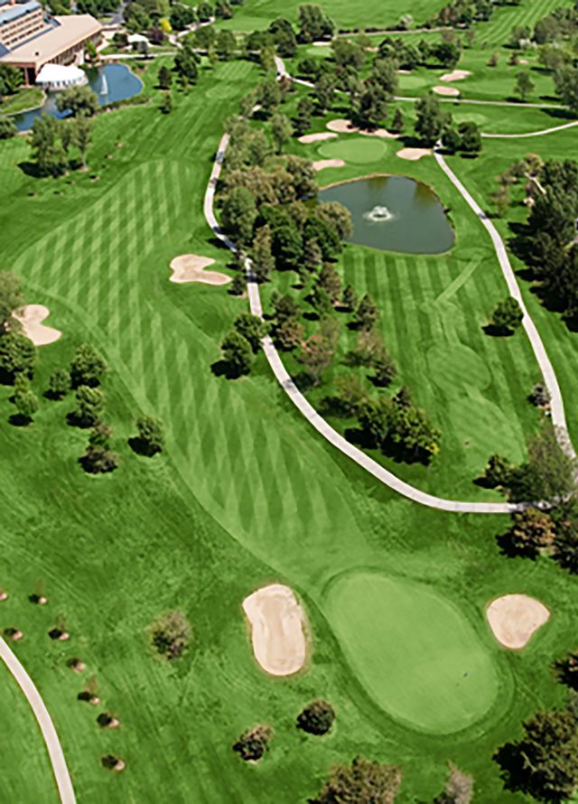 Aerial View of a Golf Course with Water Features - Hole 10
