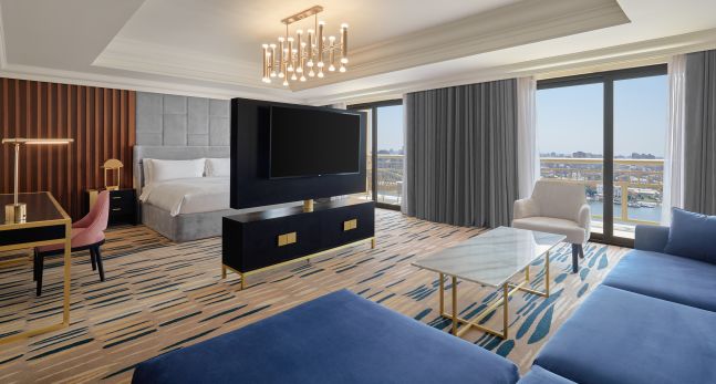 suite with bed, tv and lounge area