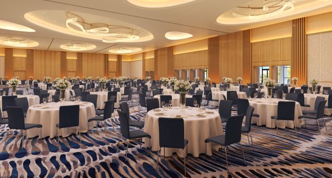 Acacia ballroom with banquet tables setup