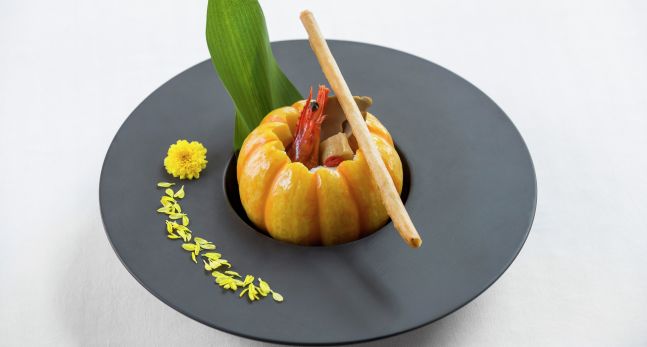 Double-boiled Seafood Soup in Mini Golden Pumpkin with Crispy Spring Roll