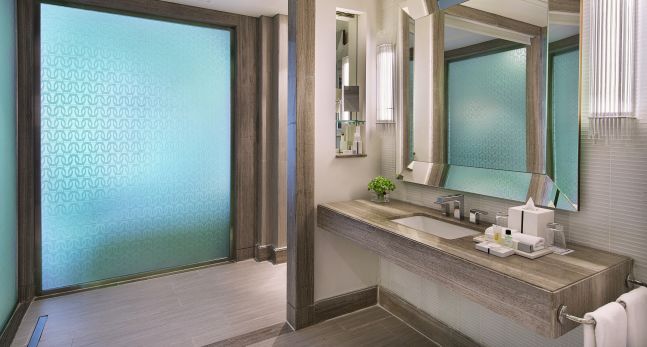 Accessible Guestroom Bathroom with Mirror and Vanity
