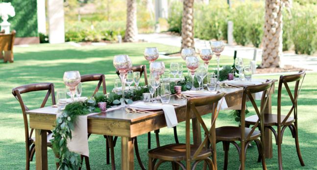 Table setup in the garden for wedding reception