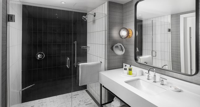 Vanity Area an Glassdoor Shower in a Guest Room