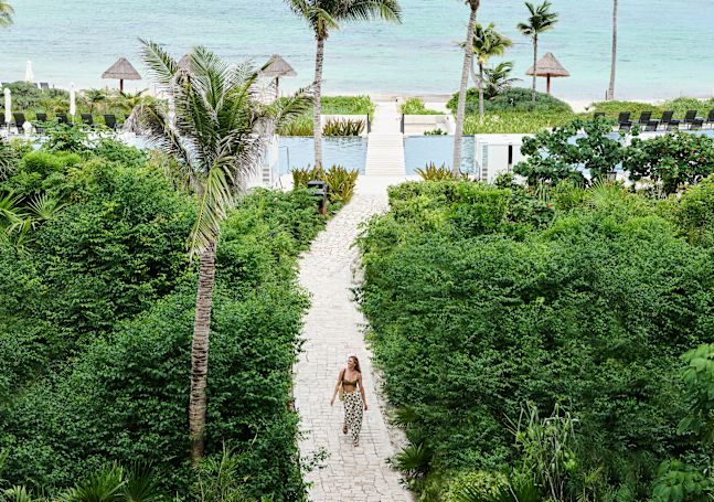 Woman walking through forest path, with ocean view
