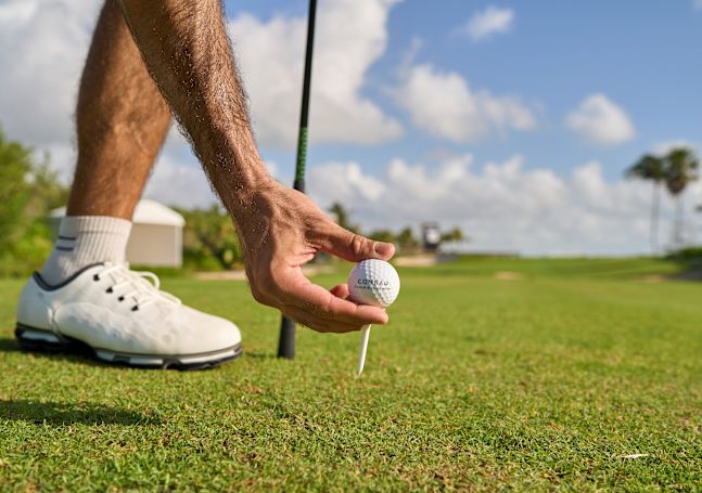 Homme plaçant une balle de golf sur le tee