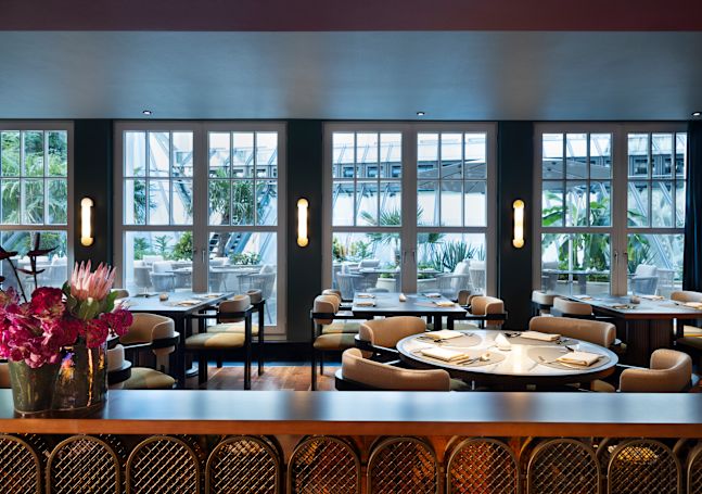 Restaurant pour le petit déjeuner, salle à manger, fleurs, tables de patio et plantes