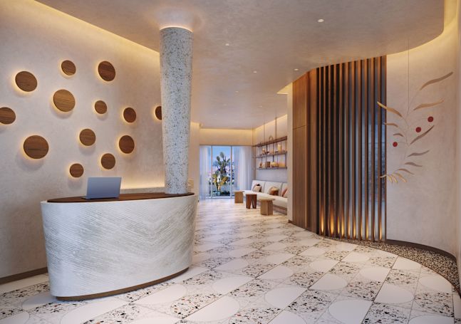 new tower lobby, front desk, seating area