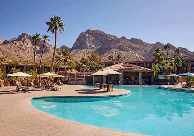 Main Outdoor Pool Area with Palm Trees and Mountains in Background