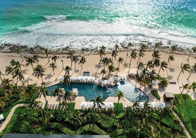 arial view of the outdoor pool, palm trees and beach