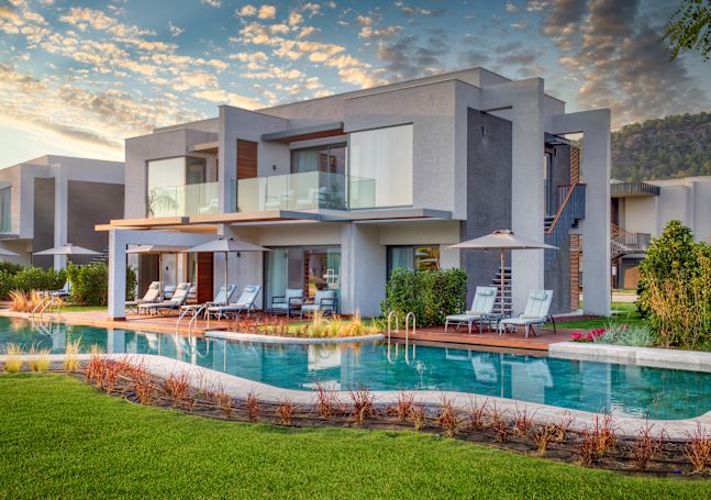 Outdoor pool with seating