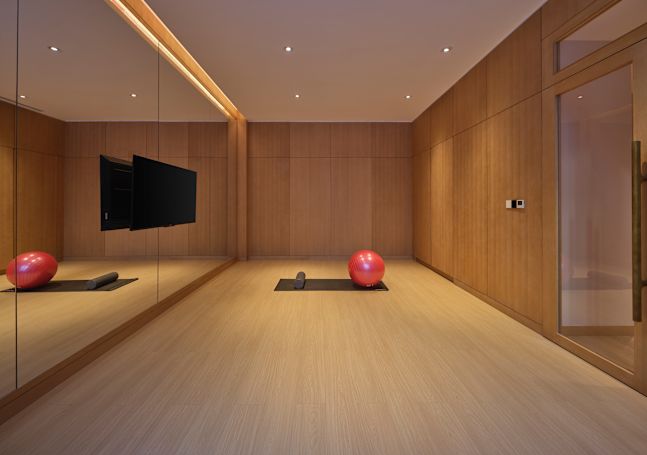 Pokoj na jógu ve fitness centru s podložkou, míčem a TV