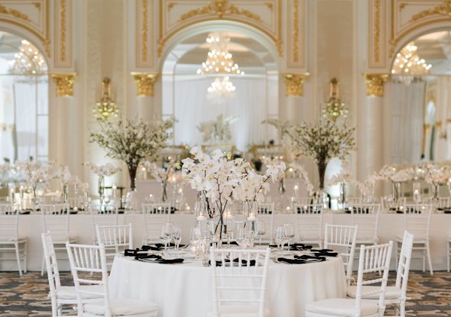 ballroom, wedding reception set up, round table with white flowers