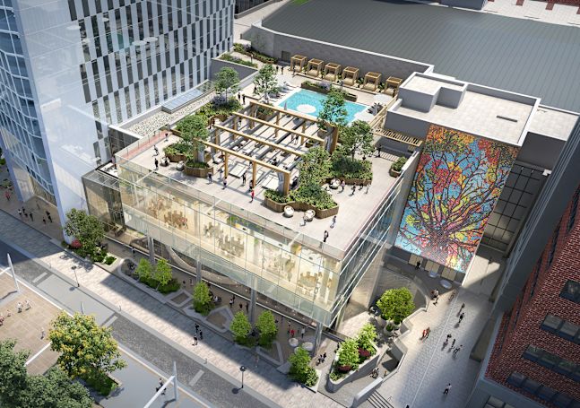 Luftaufnahme des Dachpools des Hotels
