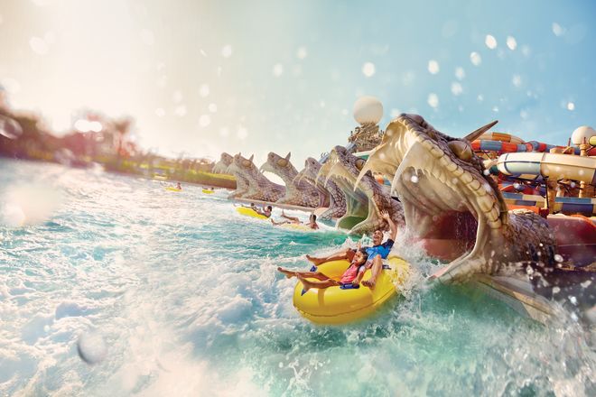 a group of people on a ride at Yas Waterworld