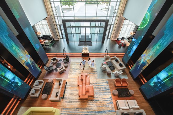 Overhead view of hotel entrance with lobby area