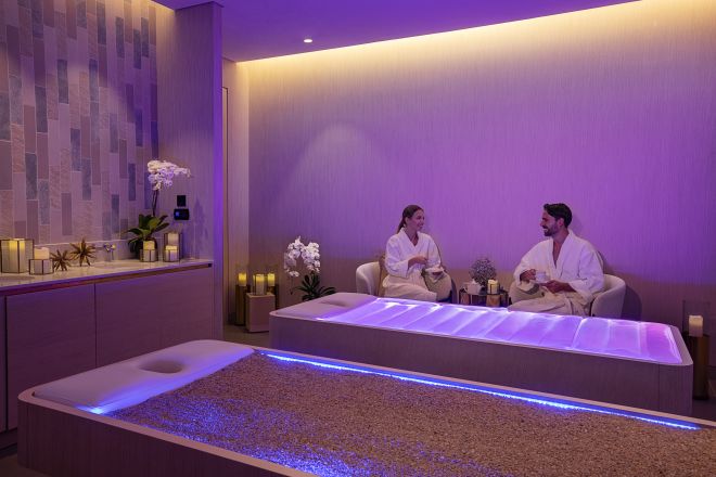 Man and woman sitting in spa area