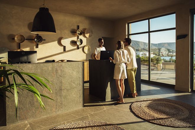 Lobby area with large windows letting in natural light.