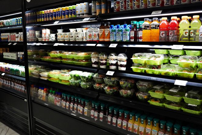 A large selection of cold food and drinks for sale