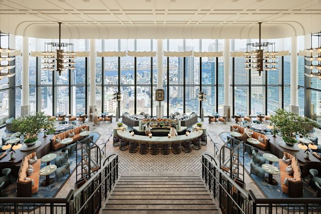 Peacock Alley, bar and lounge area, window view of the city