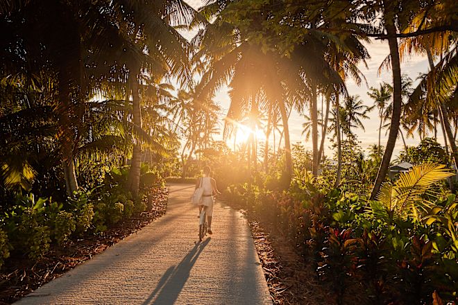 ein Mädchen, das bei Sonnenuntergang Fahrrad fährt