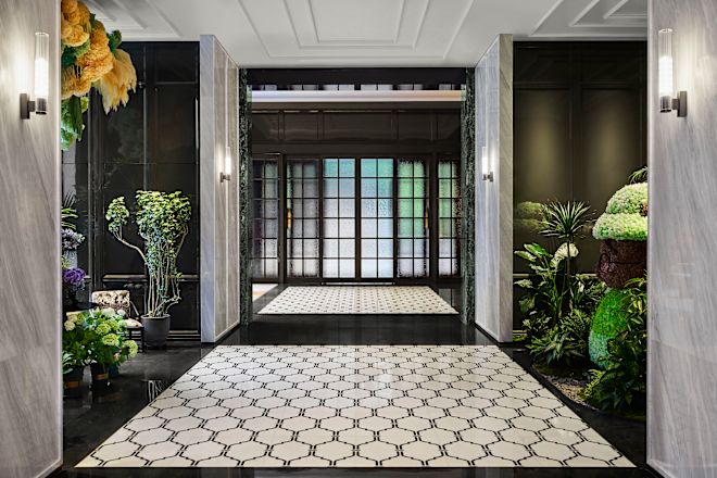 Hotel Lobby with a Large Entrance Door