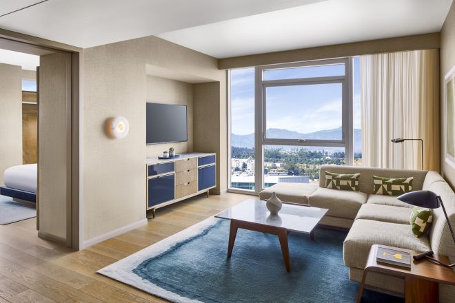guest suite lounge area, sofa, tv, window view