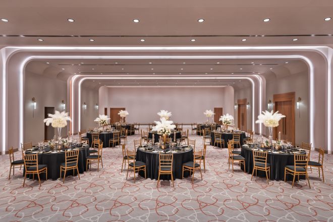 ballroom with round tables set up for banquet