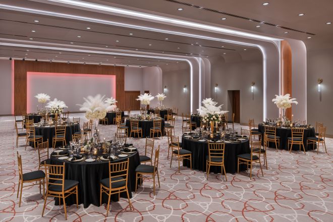 ballroom with round tables set up for banquet