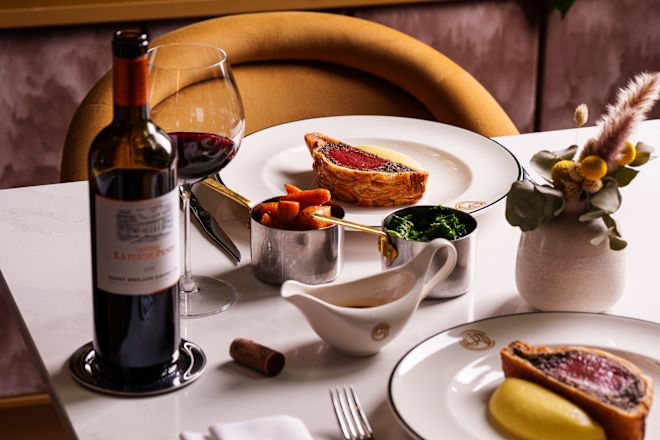 The Court restaurant, beef wellington dinner entree, side dishes, wine