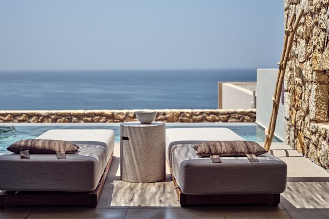 Terrace in Guest Room with Private Pool and Sea View