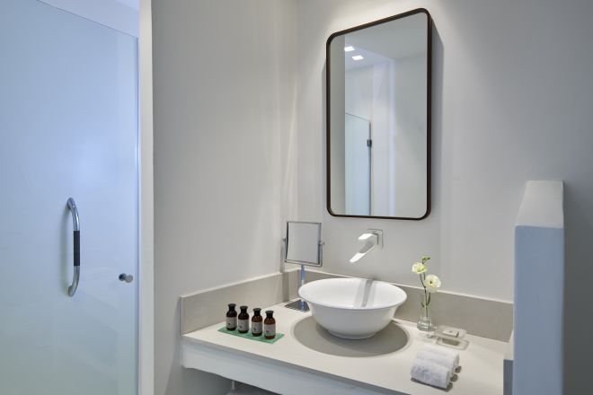 Guest Bathroom Vanity Area With Shower