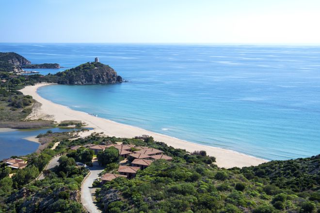 Panoramic view of hotel and nearby beach
