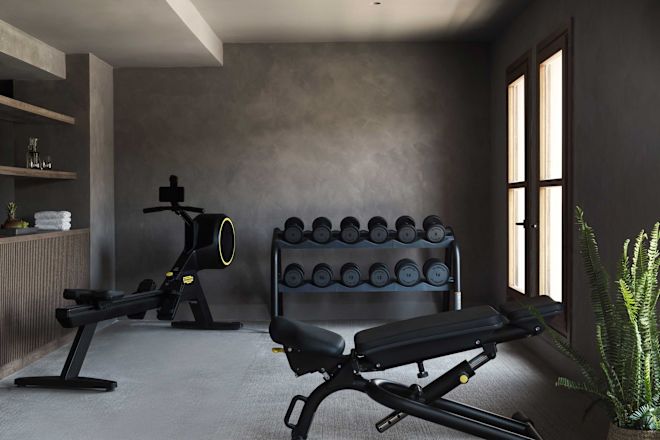Fitness center with bench and free weights