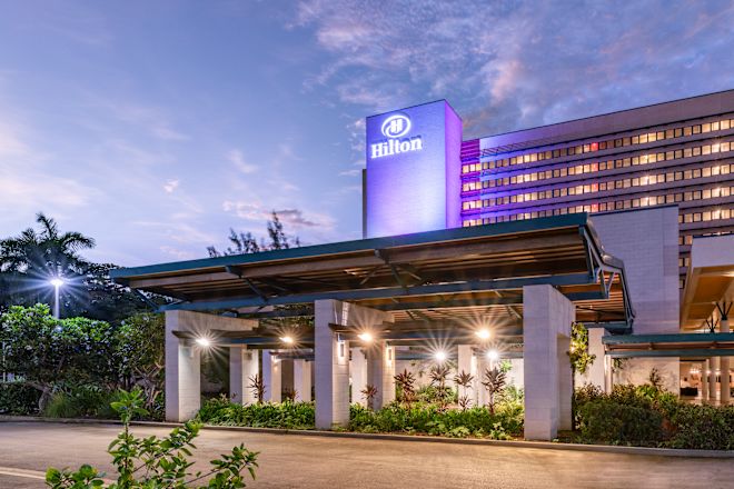 Hilton Hotel Exterior Entrance in the Evening