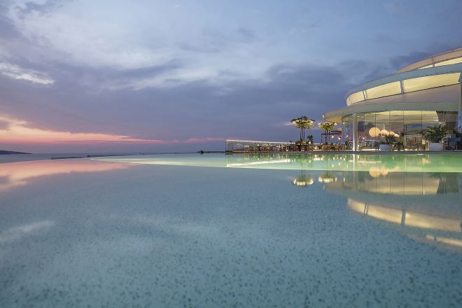 Infinity Pool at Dusk from Restaurant