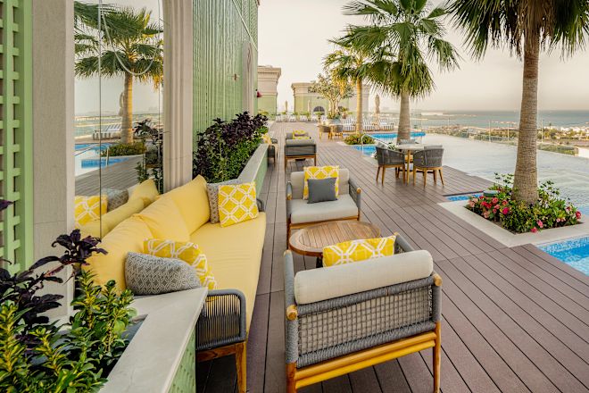 Outdoor pool with seating area