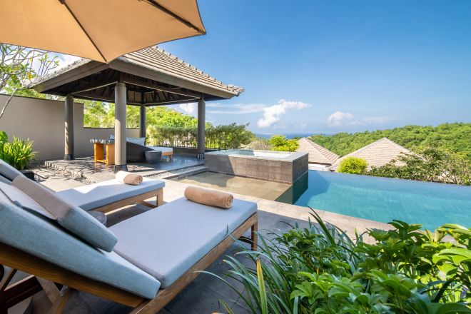 Outdoor pool, with loungers