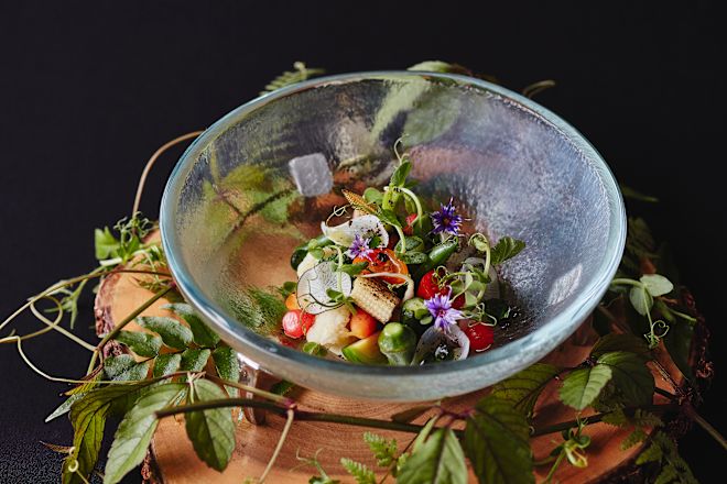 Bowl of food with salad