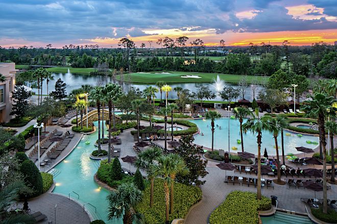 Aerial View of Outdoor Pool Area at Dusk