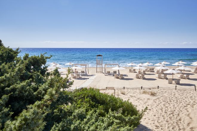 Cabanas and Lounge Chairs under Umbrellas at the Beach