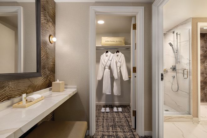 bathroom and closet with shower