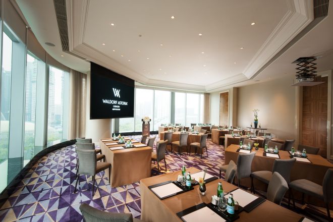 Times Square meeting room with tables, chairs, large presentation TV, and floor-to-ceiling windows with outdoor view