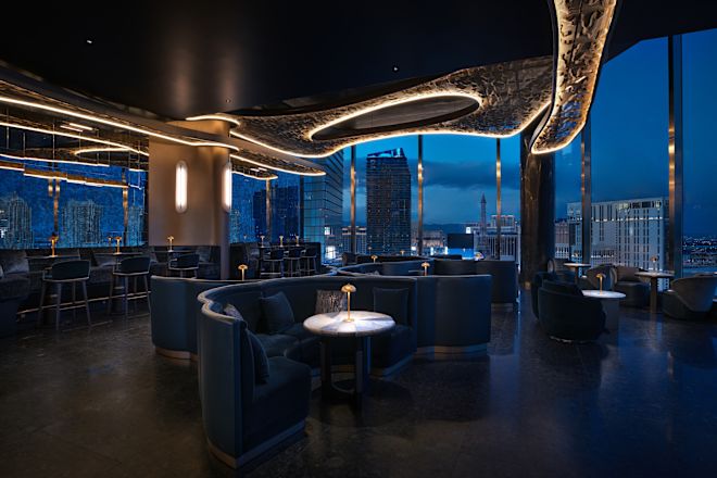 Hard Shake bar, lounge area, evening window view of the city