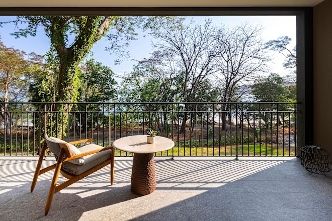 Outdoor seating area with table and chair